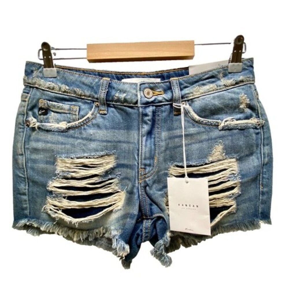 Kancan Women's 3/25 Jean Shorts Blue Super Distressed High Rise Denim‎ NWT